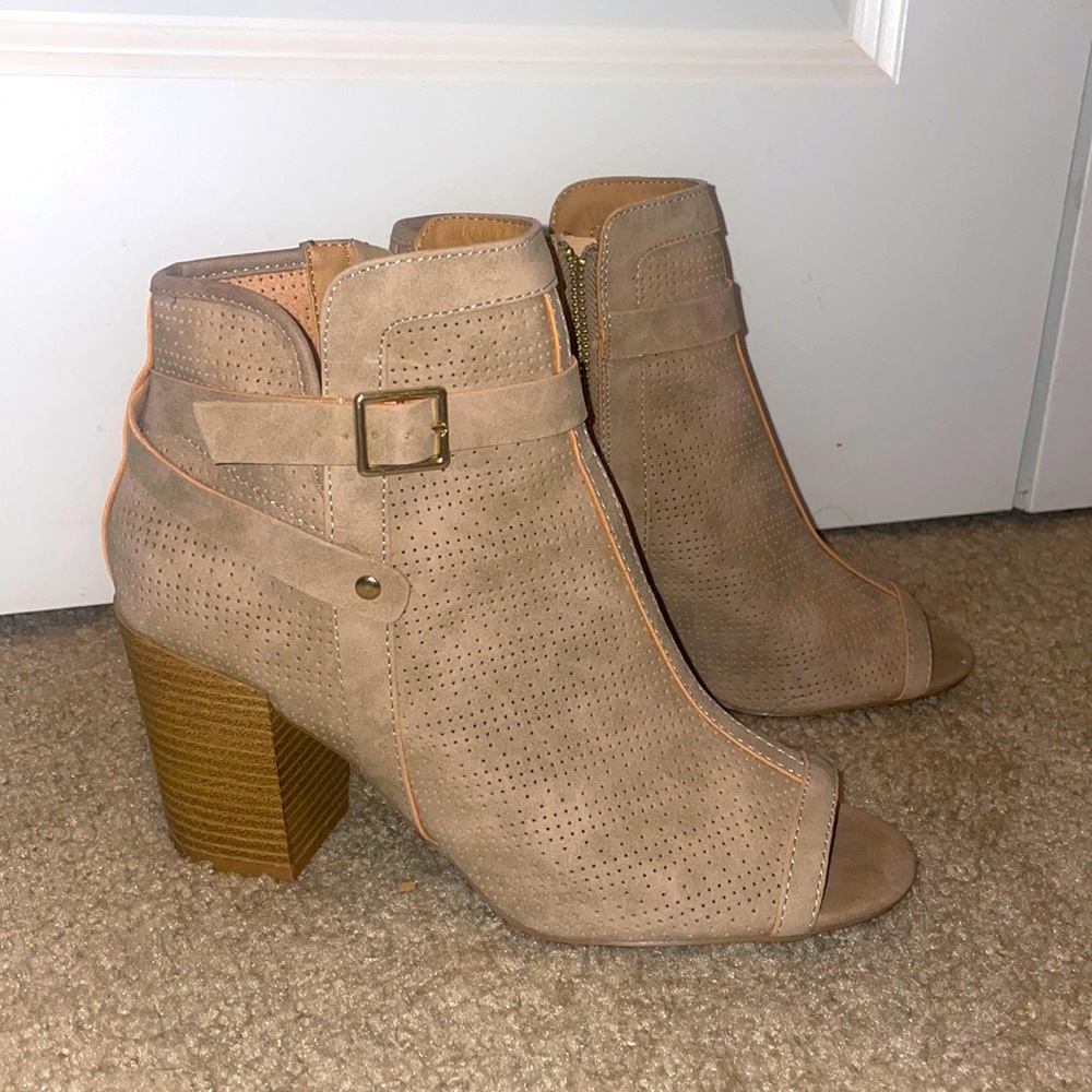 Heeled open toe suede booties; Size 9; worn a few times; great condition